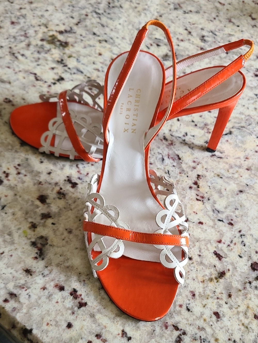 Christian Lacroix Orange and White Strappy Stiletto Sandals